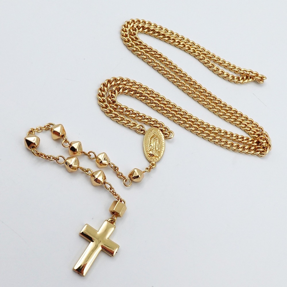ALLSAINTS Rosary Saint Cross Gold Tone Lariat Virgin Mary Curb Chain Necklace